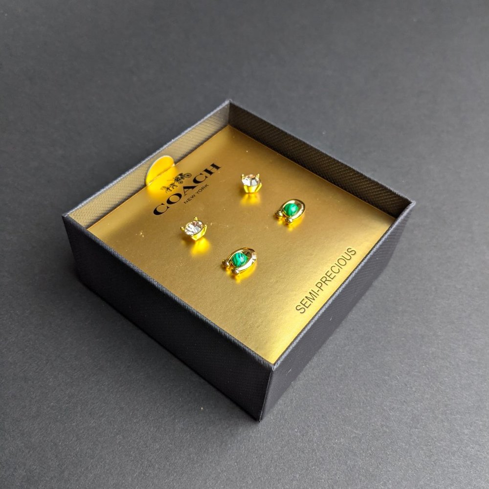 NWT COACH 376338 C-Stone Set of 2 Stud Earrings Malachite